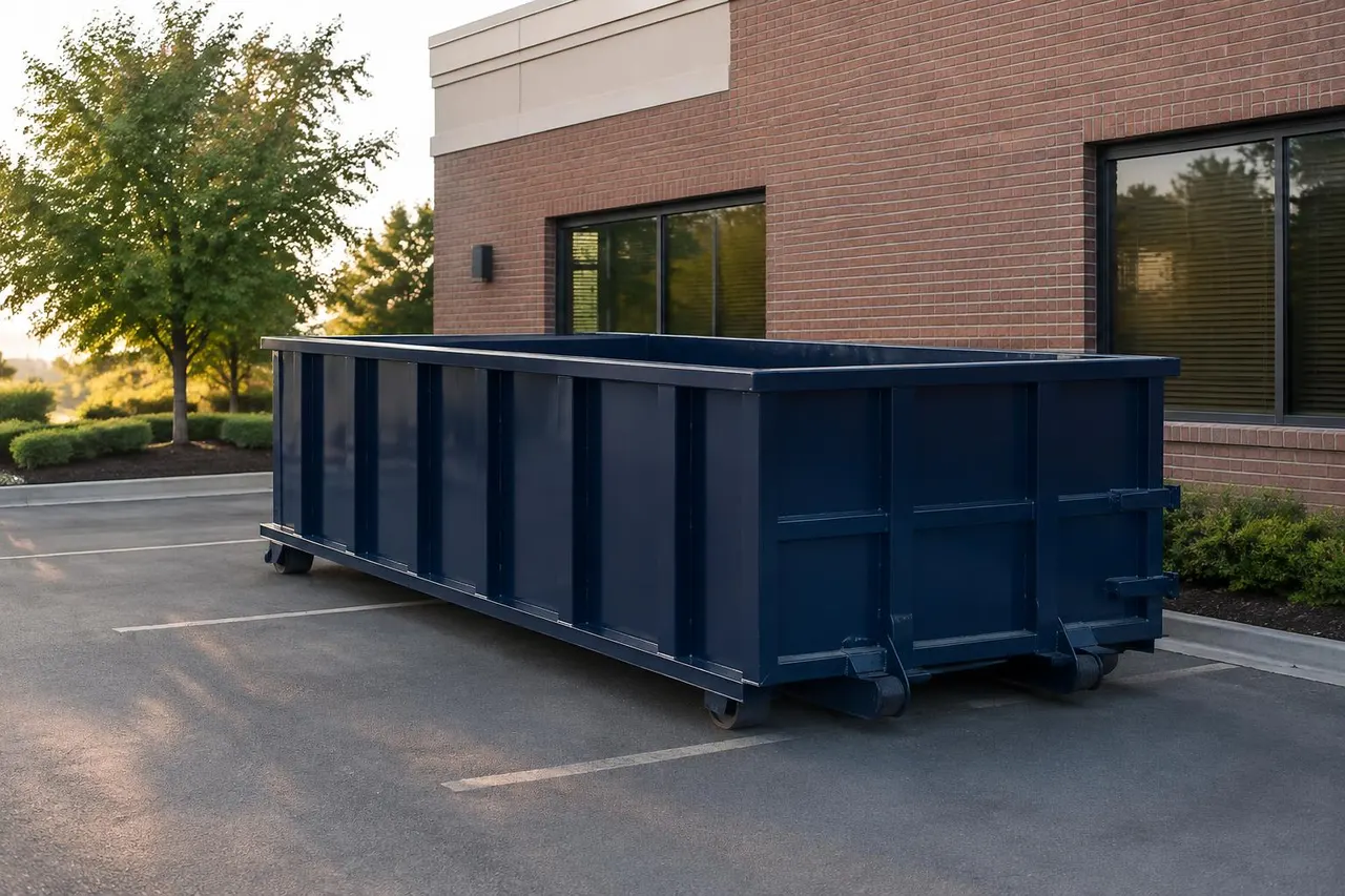 Navy roll-off dumpster parked in the side lot of a brick commercial office building