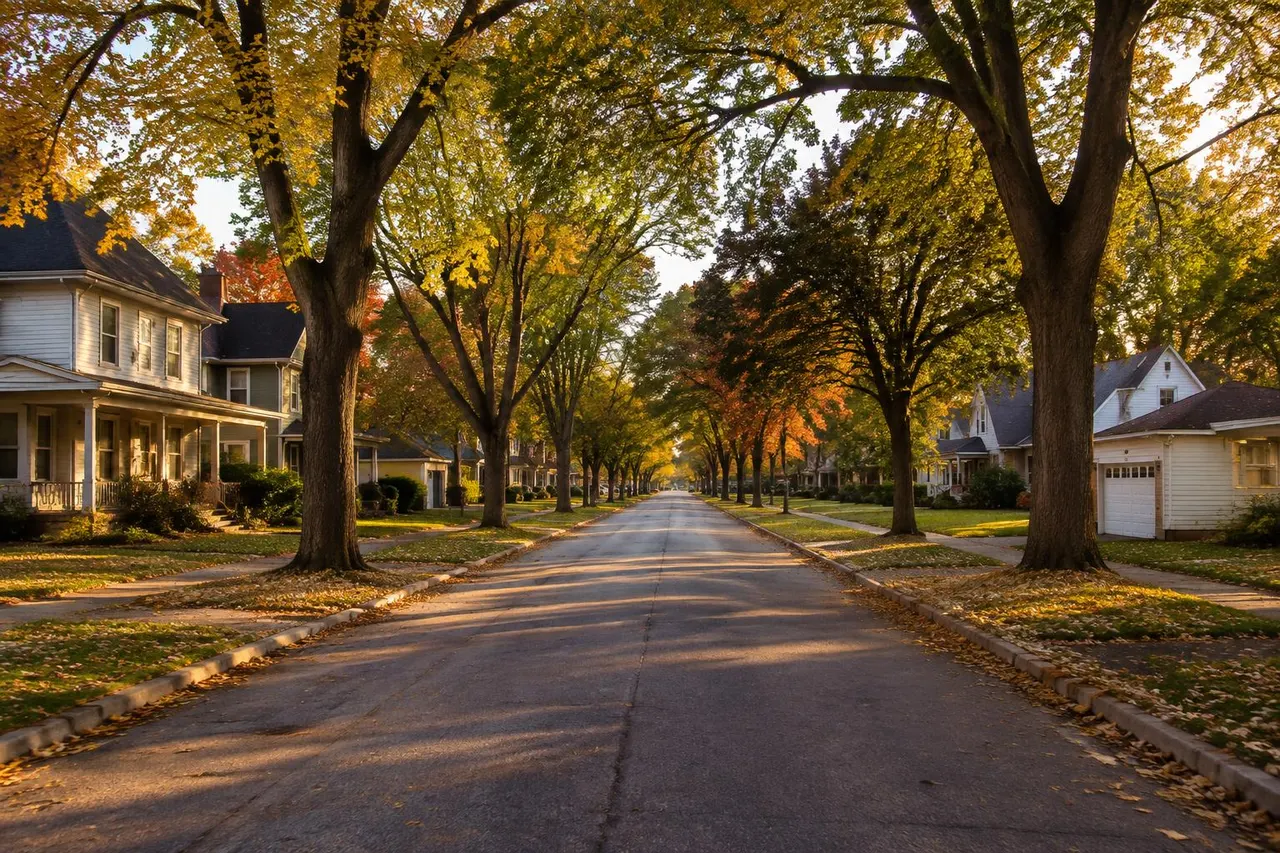 Tree-lined residential street with older two-story homes and detached garages in autumn