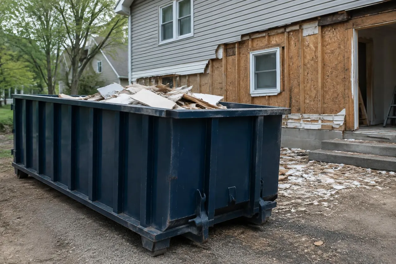 Navy roll-off dumpster loaded with drywall and siding debris beside a home under renovation