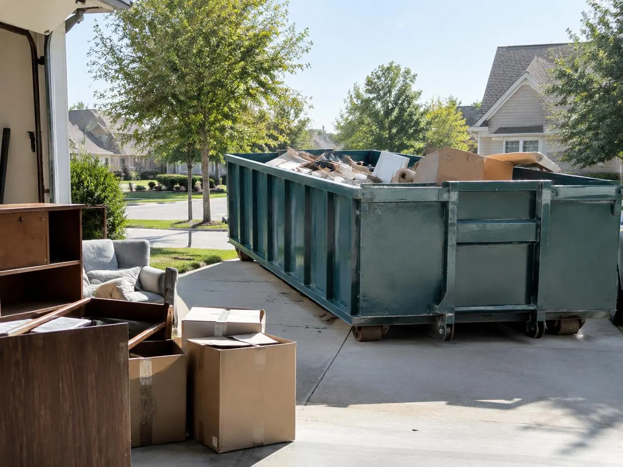 Roll-off dumpster on a suburban driveway filled with boxes and household items during a garage cleanout