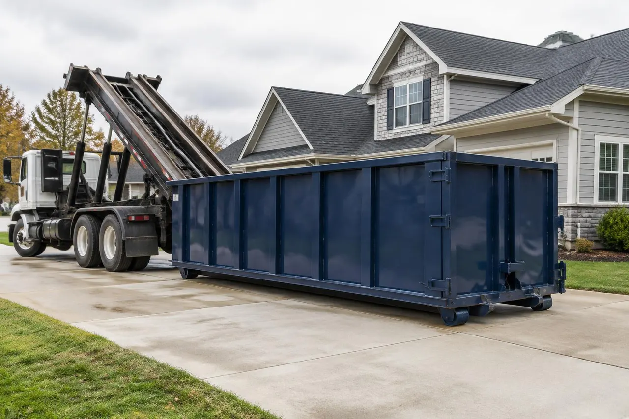 Roll-off truck with its bed tilted, setting a navy roll-off dumpster onto a residential concrete driveway